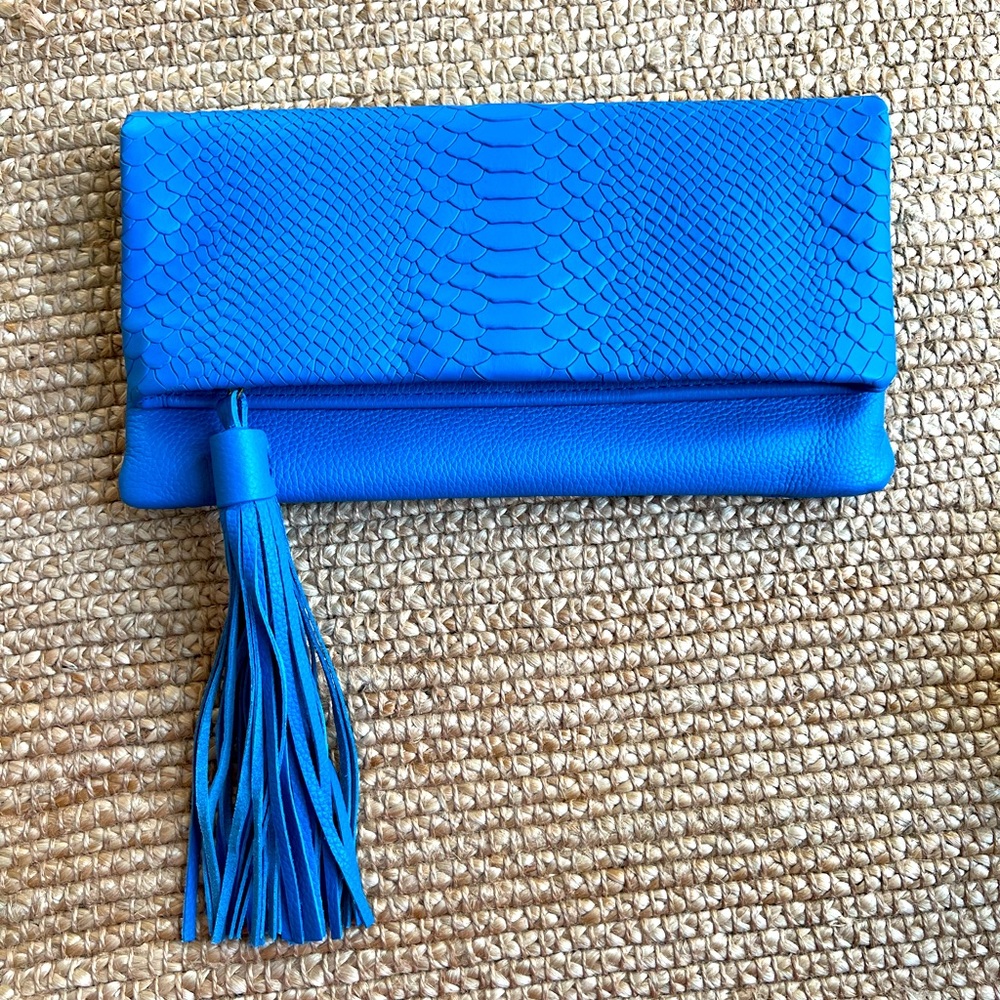 NIB Gigi New York Stella Fold-over clutch - Bright Blue Embossed Python Leather